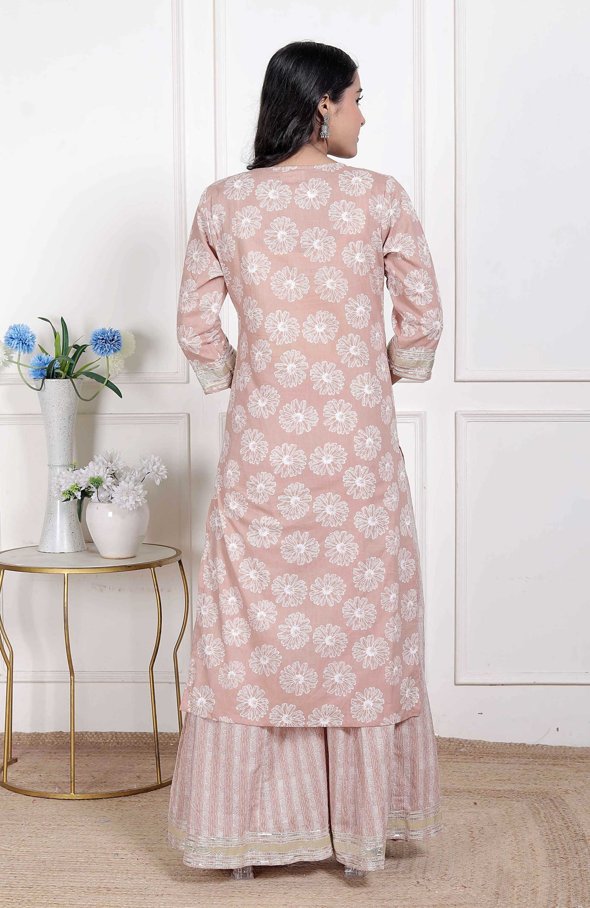 Miravan Women Brown Floral Printed Cotton Straight Ethnic Kurta with Palazzo and Dupatta