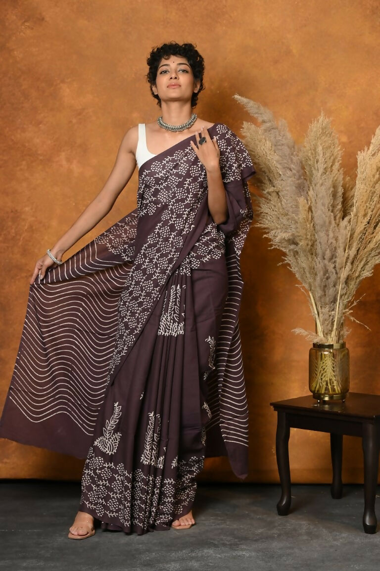 Very Much Indian Handblock Printed Cotton Saree With Natural Dyes - Brown