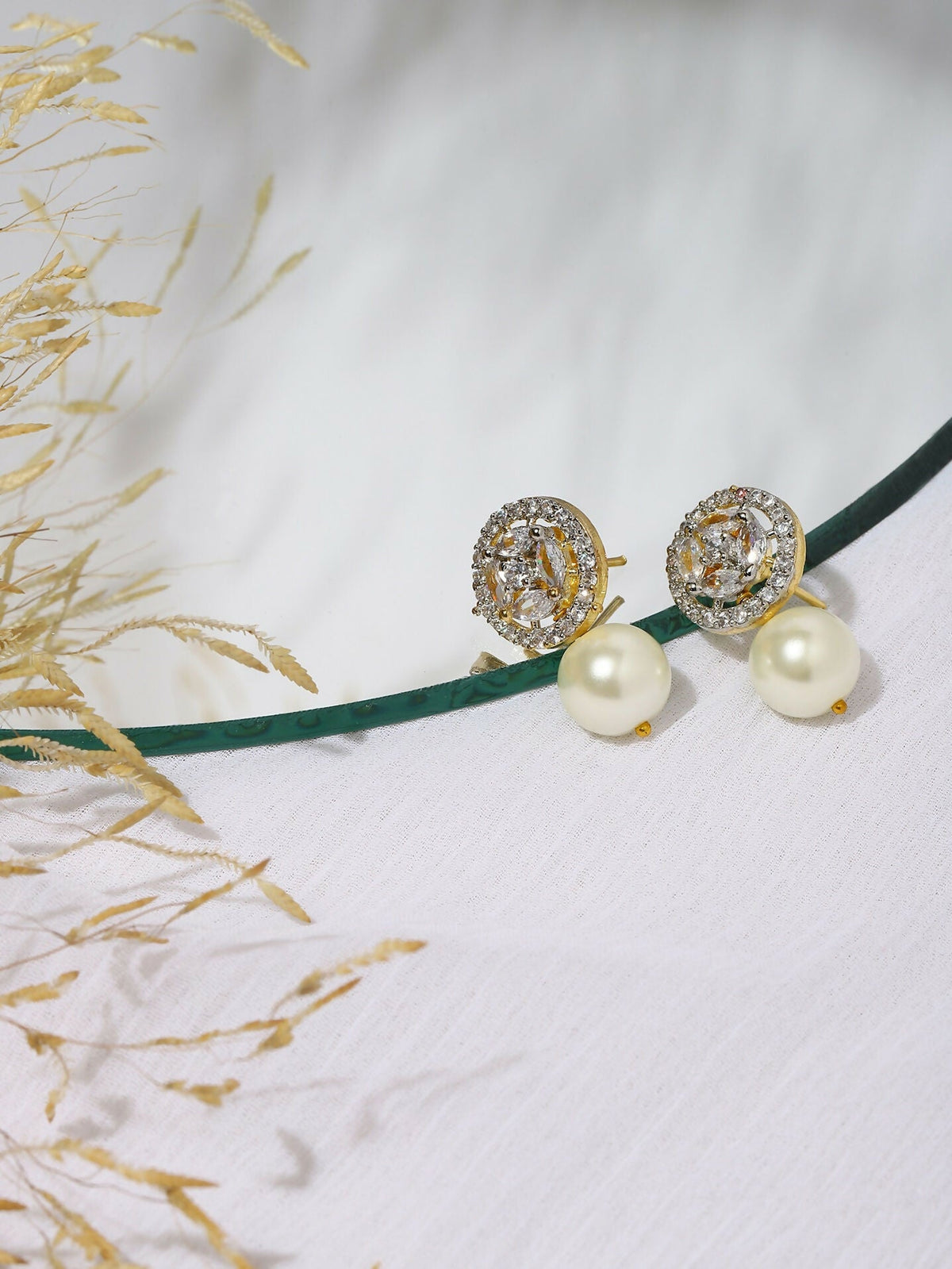Pearl Stone Earrings in Gold Tone- Ruby Raang