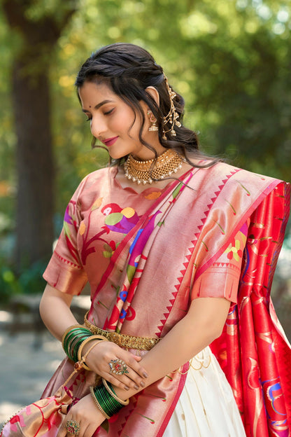 Vastranavya Perfect Classic And Contemporary Fashion Paithani Lehenga Choli - White