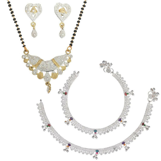 AanyaCentric Gold-Polished Mangalsutra Pendant Earring Set & Silver Plated Anklet