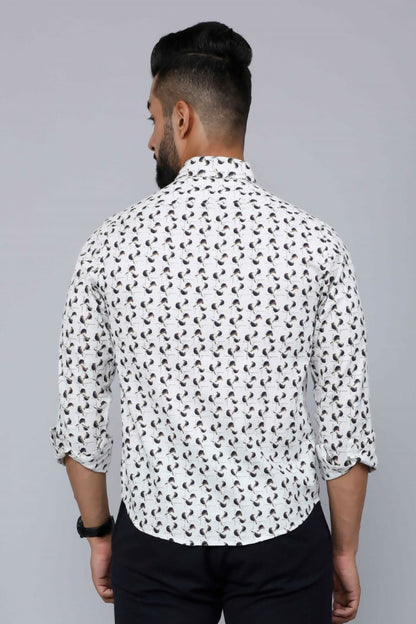 Miravan Men's White Spread Collar Bird Print Casual Shirt