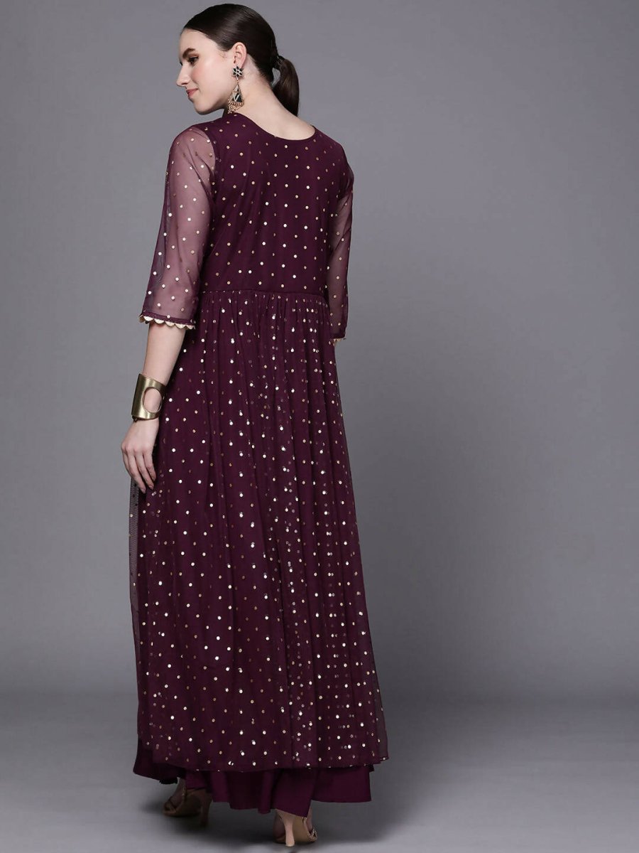 Ahalyaa Women Burgundy Polka Dots Fit & Flare Maxi Ethnic Dress