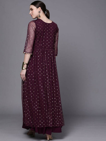 Ahalyaa Women Burgundy Polka Dots Fit & Flare Maxi Ethnic Dress