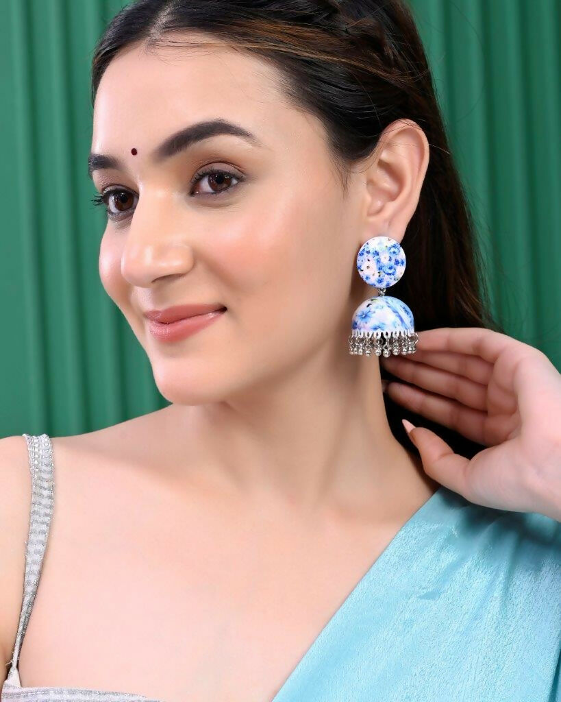 VOJ Set Of 2 Earrings- Blue Printed Jhumka With Black AD Studded Drop Earrings