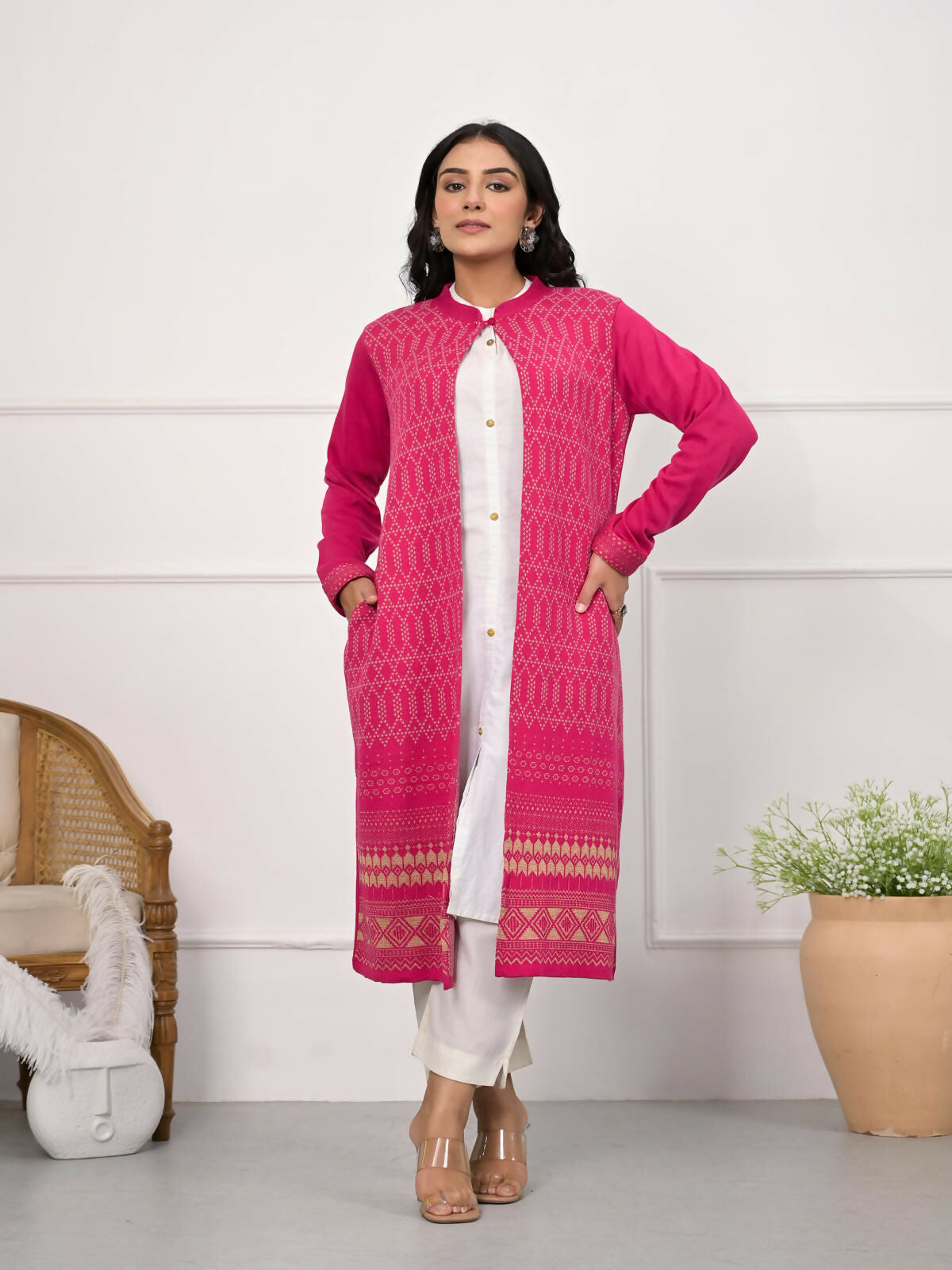 Juniper Women's Pink Ethnic Motif Printed Cotton Long Winter Wear Jacket