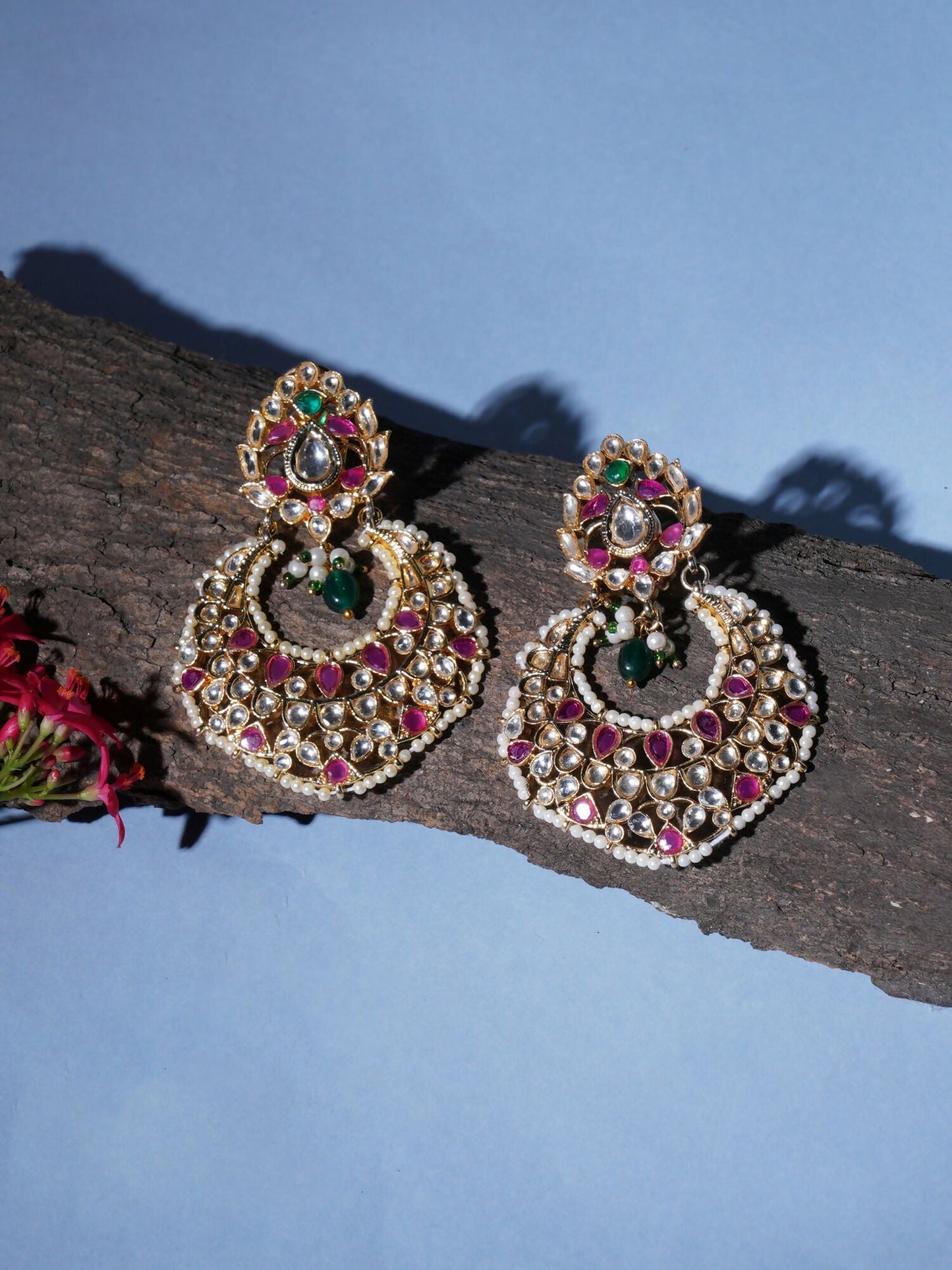 Kundan Chand Earrings (Gold) - Ruby Raang