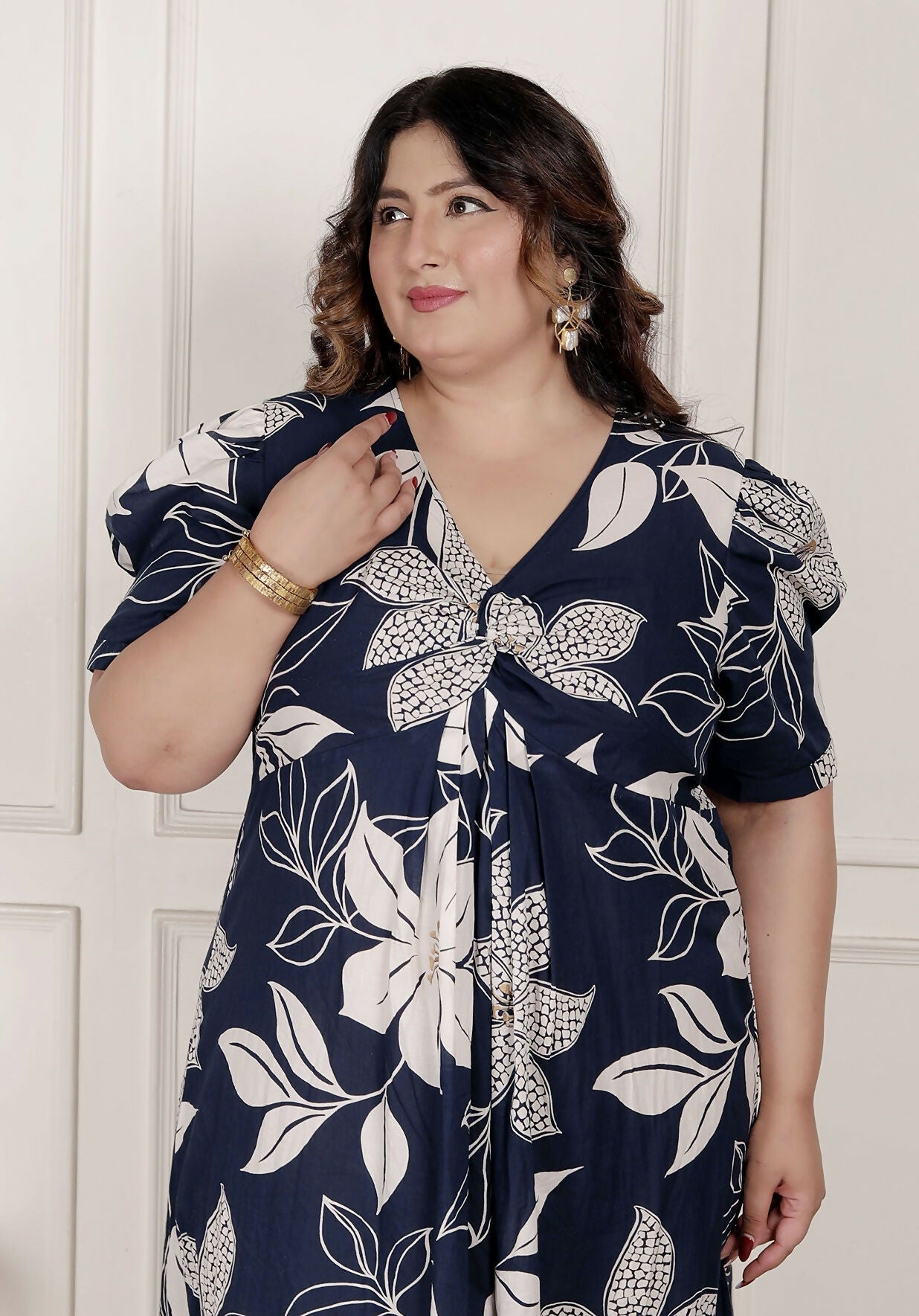 Miravan Womens Plus Size Blue Flower Printed Puff Sleeve Cotton Butterfly Maxi Dress