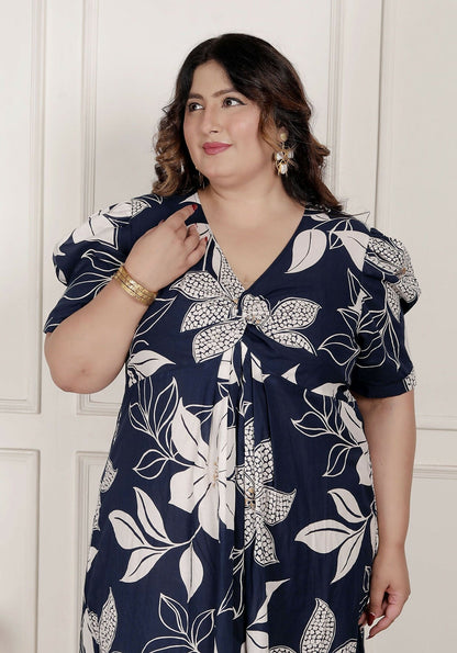 Miravan Womens Plus Size Blue Flower Printed Puff Sleeve Cotton Butterfly Maxi Dress