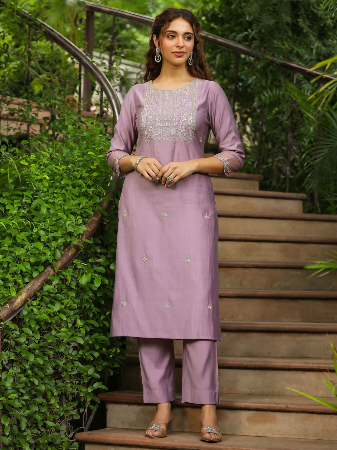 Janasya Lavender Silk Blend Solid Kurta,Bottom & Dupatta