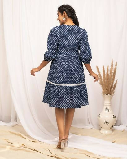 FIORRA Women's Blue Cotton Floral Printed Western Dress