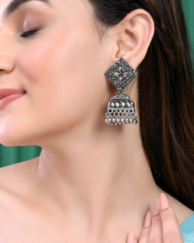 VOJ Black-Toned AD Studded Dome Shaped Jhumkas Earrings