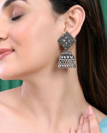 VOJ Black-Toned AD Studded Dome Shaped Jhumkas Earrings