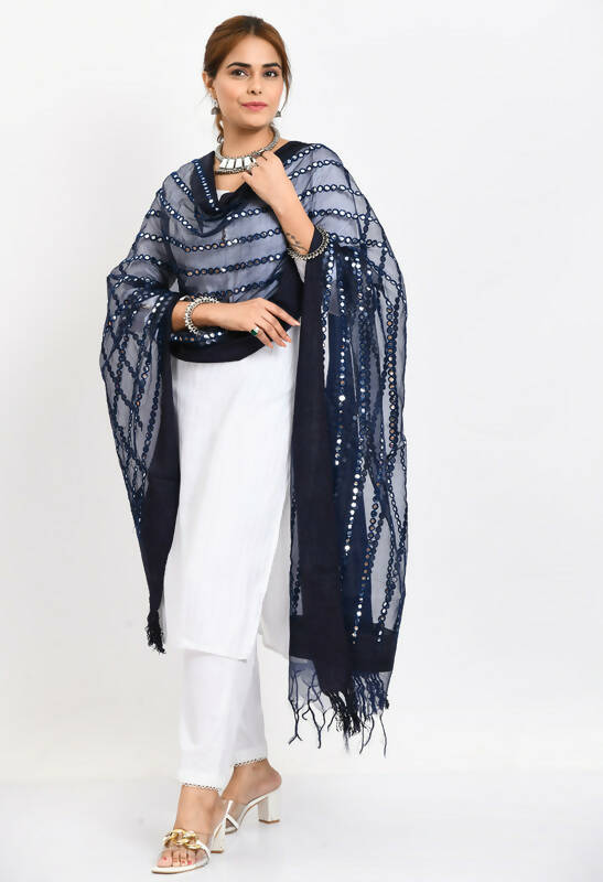Mominos Fashion Moeza Women's Orgenza Mirror Stripe Thread Work Navy Blue Dupatta