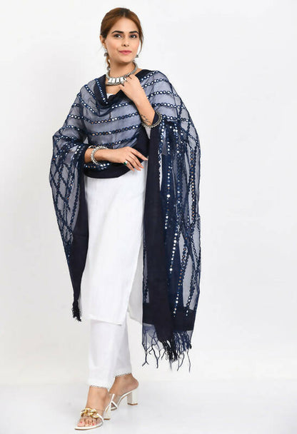 Mominos Fashion Moeza Women's Orgenza Mirror Stripe Thread Work Navy Blue Dupatta