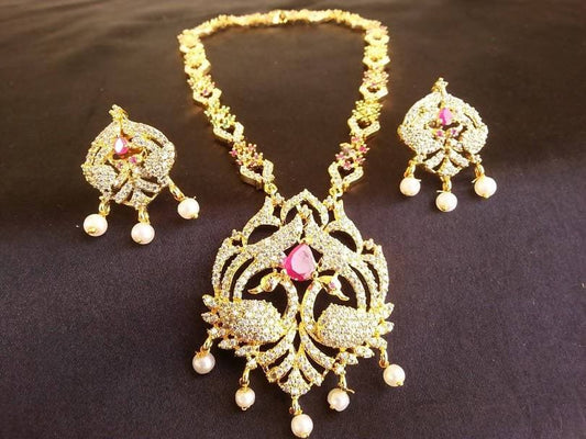 Red Beaded AD Peacock Bridal Necklace Set