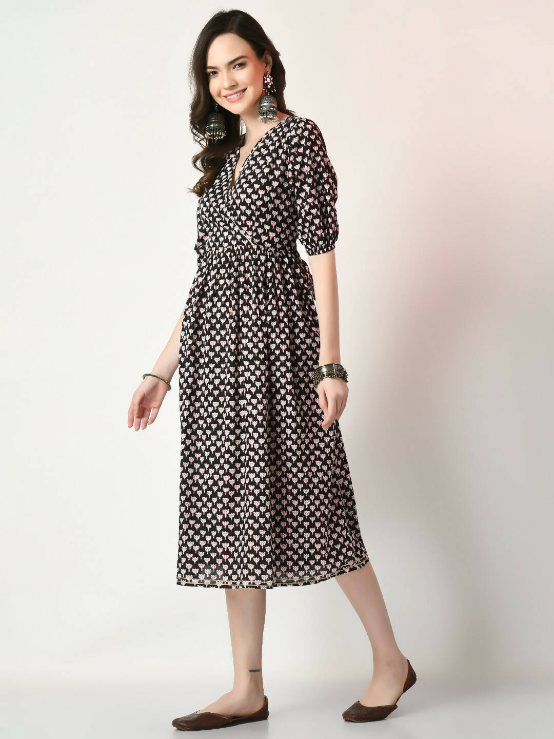 Myshka Women's Black Empire Printed Dress