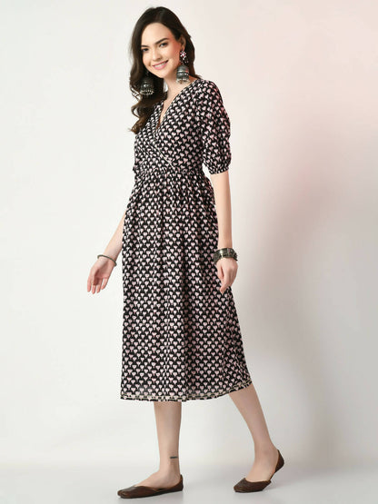 Myshka Women's Black Empire Printed Dress