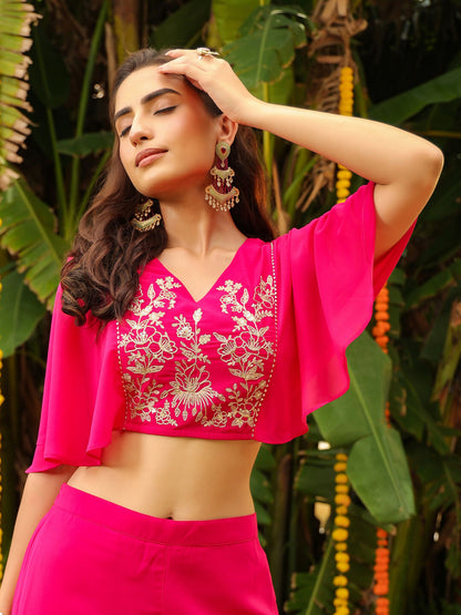 Janasya Pink Georgette Yoke Embroidery Co-Ords