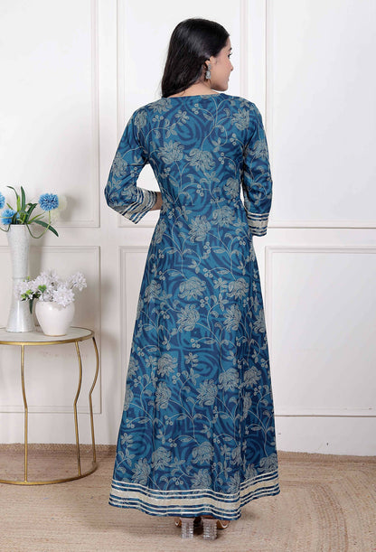 Miravan Women's Blue Cotton Embroidered Neck Anarkali Kurta