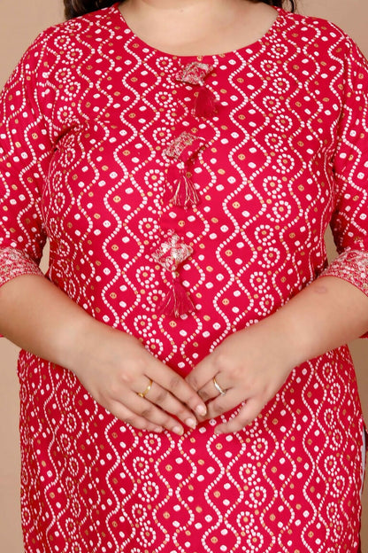 Miravan Women's Plus Size Pink Bandhani Pakistani Straight Kurti