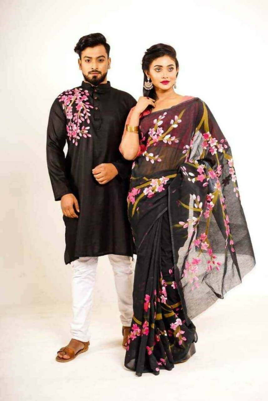 Exclusive Collection Elegant Hand Printing Designe On Pure Cotton Saree And Men's Kurta - Black