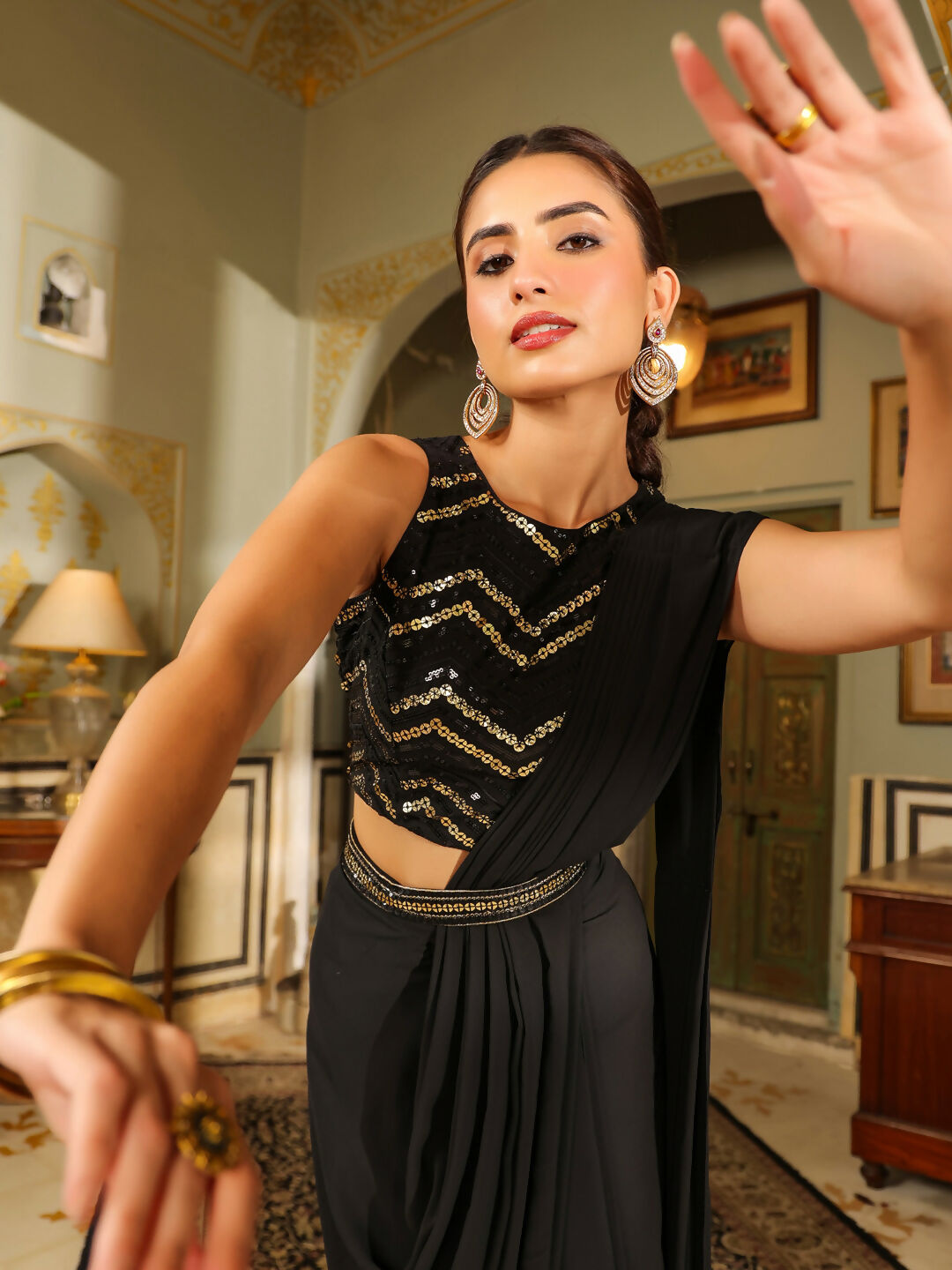 Janasya Black Georgette Sequined Saree and Blouse