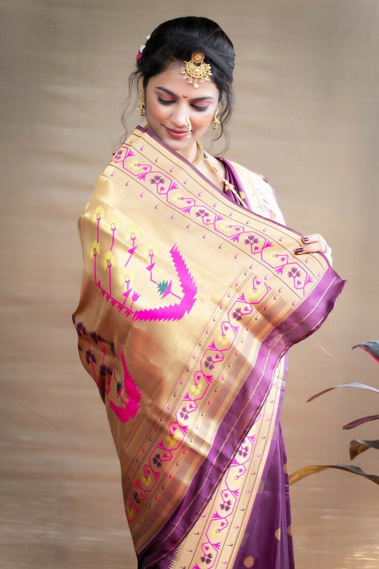 Jyoti Fashion Women's Wine Paithani Silk Zari Woven Saree with Blouse