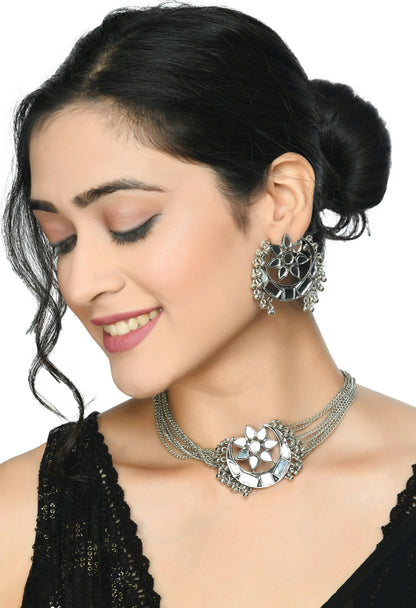 Mominos Fashion Johar Kamal Silver-Plated Brass Finish Mirror Work Choker For Women