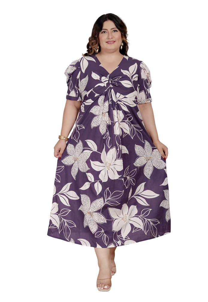 Miravan Womens Plus Size Purple Pleated Puff Sleeve Floral Pure Cotton Butterfly Middi Dress