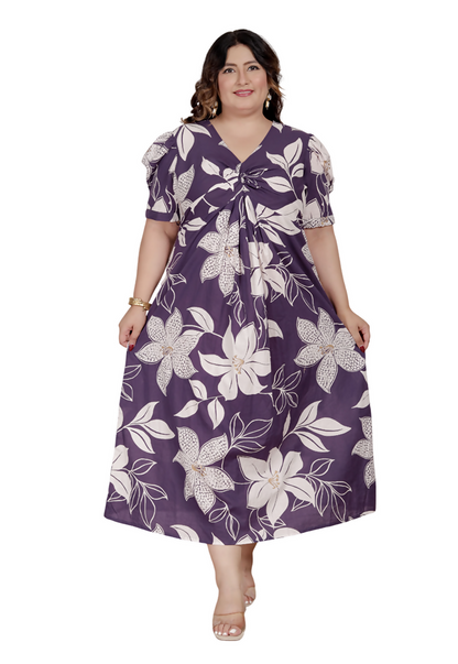 Miravan Womens Plus Size Purple Pleated Puff Sleeve Floral Pure Cotton Butterfly Middi Dress