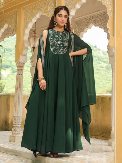 Janasya Dark Green Georgette Embroidered Dress & Jacket