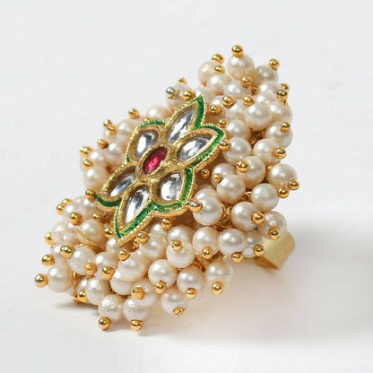 Mominos Fashion Joharkamal Gold-Polished with Pearls Adjustable Finger Ring