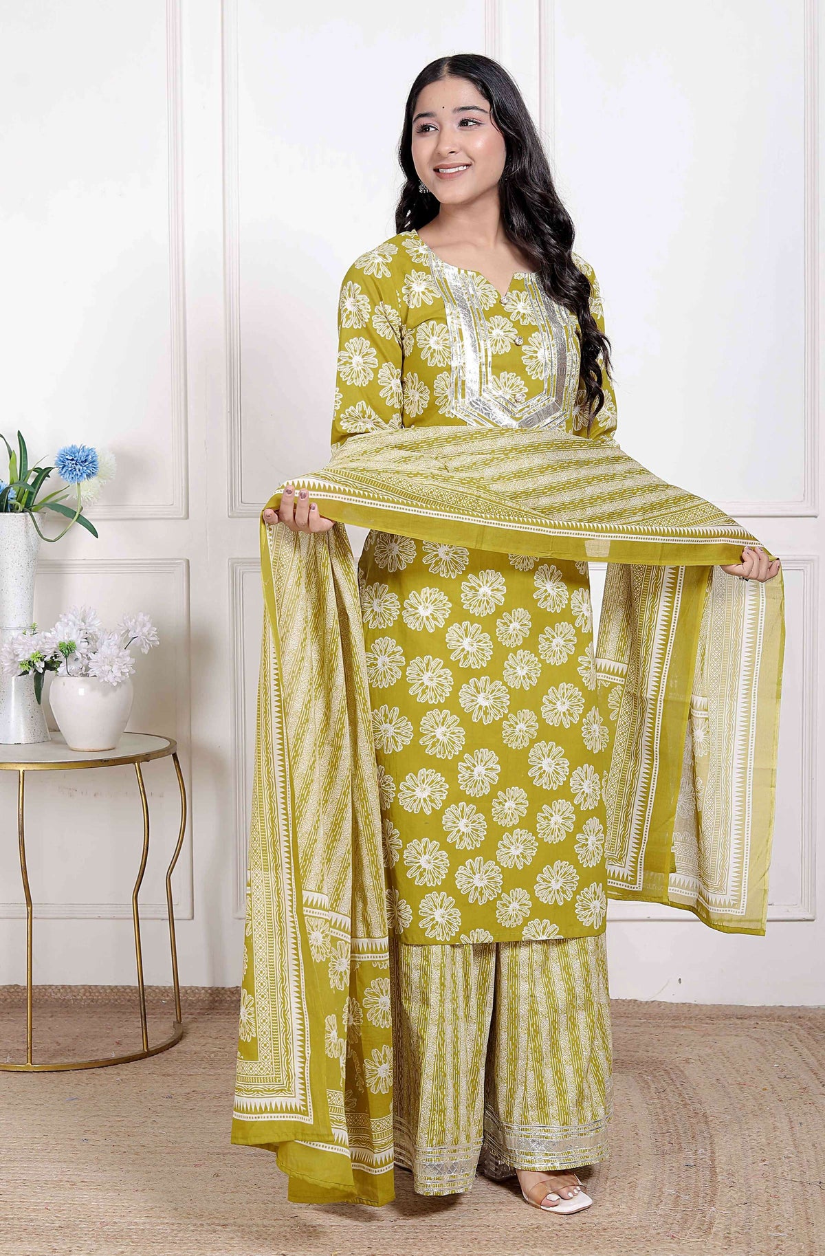 Miravan Women's Lime Yellow Embroidered Straight Kurta with Palazzo and Dupatta