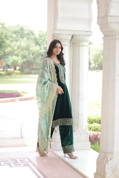 Vastranavya Green Velvet With Rich Sequins & Zari Embroidered Work Top-Bottom With Dupatta