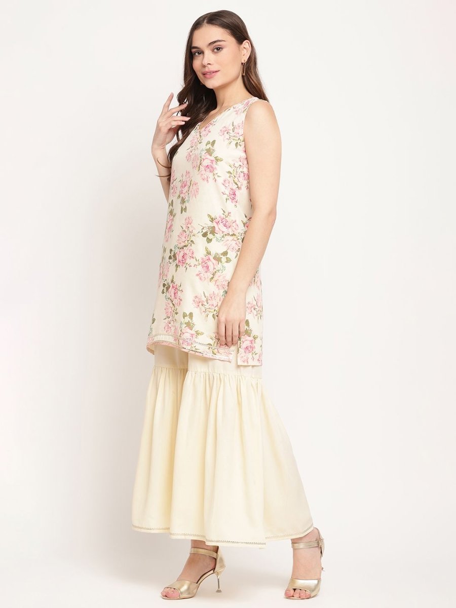 Ahalyaa Women's Beige Crepe Digital Floral Print Kurta Sharara Set with Dupatta