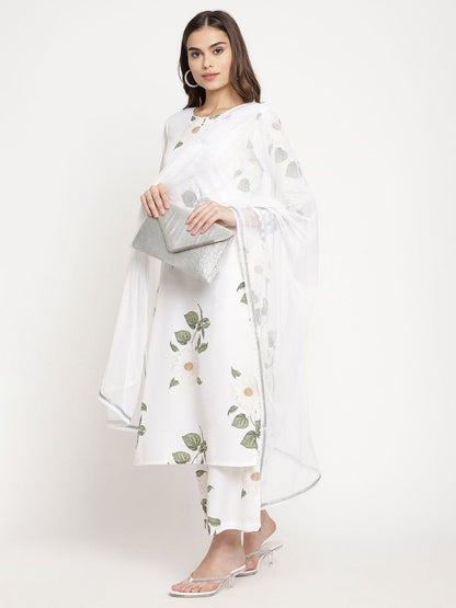 Ahalyaa Women's White Crepe Digital Print Kurta Palazzo Set With Dupatta