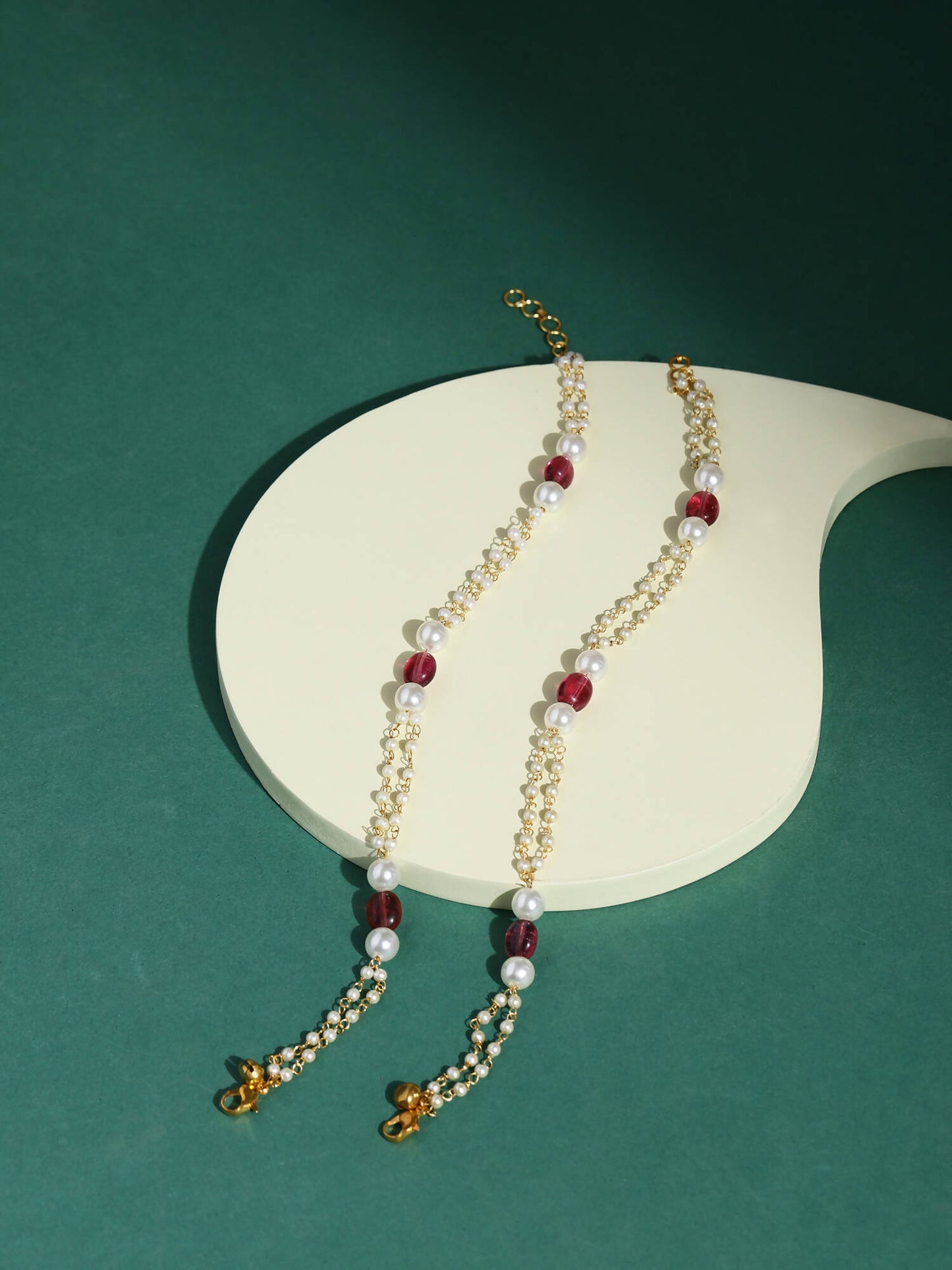 Gold-Polished Pink White Pearl Beaded Anklets Set Of 2 - Ruby Raang
