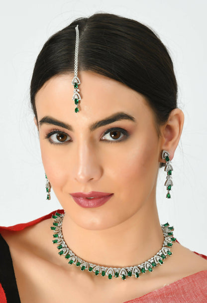 Mominos Fashion Johar Kamal Silver-Plated American Diamond Green Choker Set