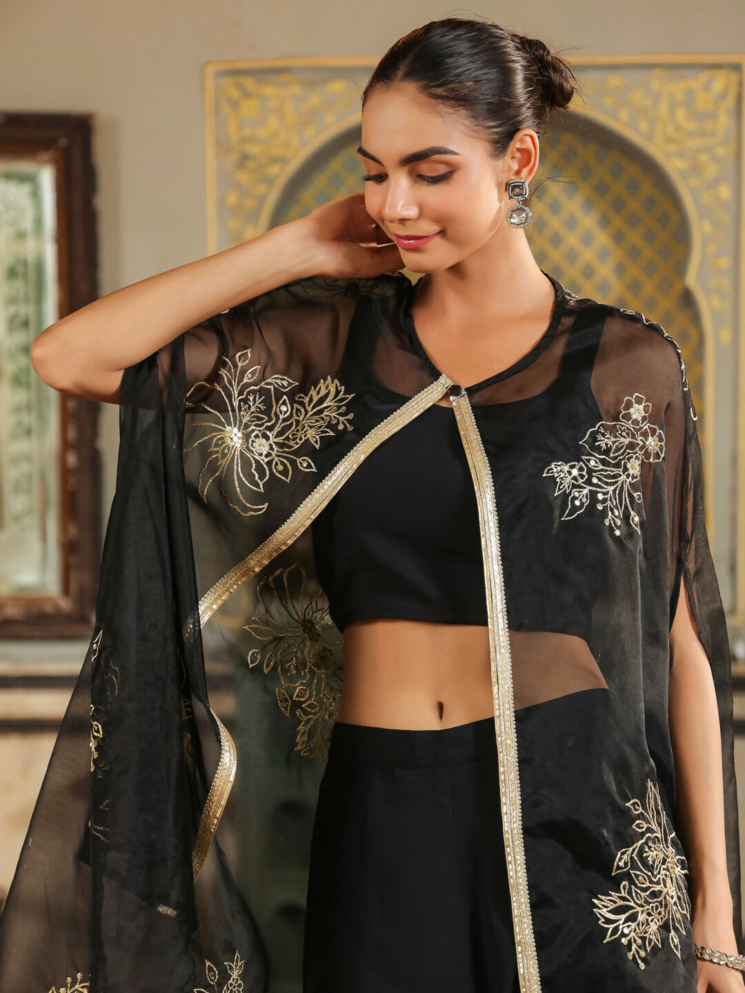 Janasya Black Georgette Solid Top Bottom Cape