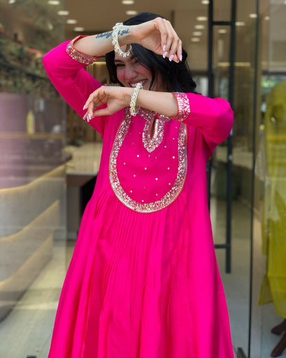 The52 Rani Women's Gorgeous Embroidered Work Chanderi Fabric Flared Kurta Pant and Dupatta Set