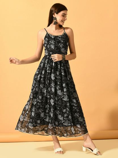 Myshka Women's Black Fit and Flare Party Dress