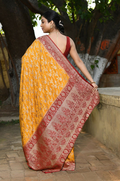 Joban Fashion Gold Crepe Chiffon Pure Handloom Banarasi Silk Saree