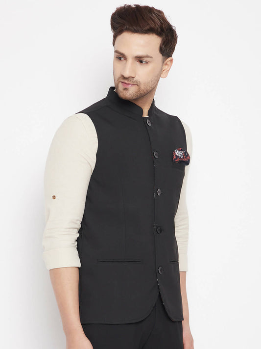 Even Apparels Black Merino Men's Nehru Jacket-Contrast Lining-Inbuilt Pocket Square