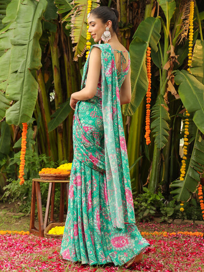 Janasya Green Georgette Floral Saree