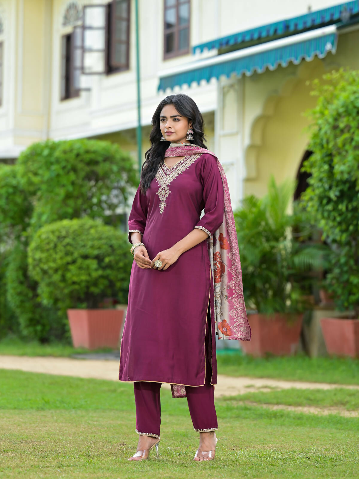 Juniper Women's Wine Solid Viscose Kurta Pant With Dupatta Set With Zari & Mirror Embroidery