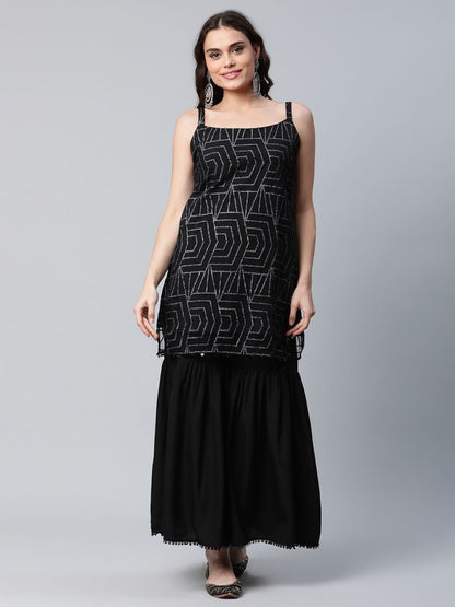 Ahalyaa Women Black Net Glitter Print Short Kurti With Sharara Dupatta Set