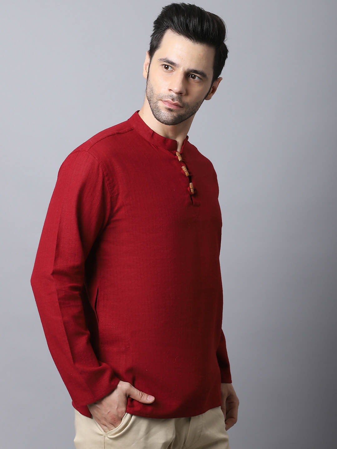 Even Apparels Maroon Pure Cotton Men's Kurta With Band Collar
