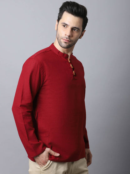 Even Apparels Maroon Pure Cotton Men's Kurta With Band Collar