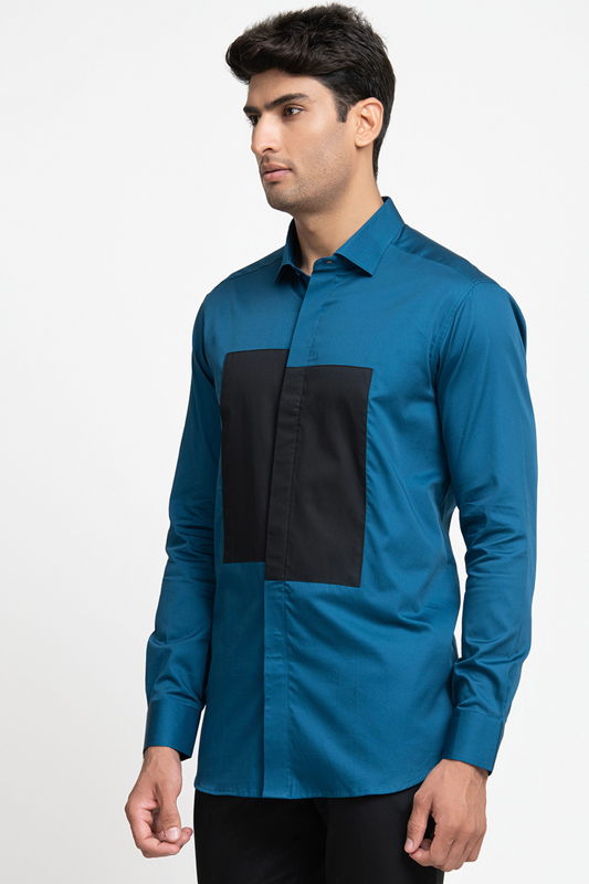 Blue Shirt With Black Patch Box Shirt by Hilo Design